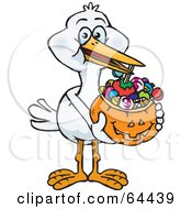 Poster, Art Print Of Trick Or Treating Stork Holding A Pumpkin Basket Full Of Halloween Candy