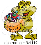 Royalty Free RF Clipart Illustration Of A Trick Or Treating Toad Holding A Pumpkin Basket Full Of Halloween Candy by Dennis Holmes Designs