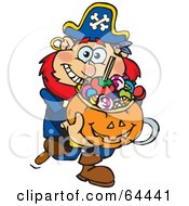 Poster, Art Print Of Trick Or Treating Pirate Holding A Pumpkin Basket Full Of Halloween Candy