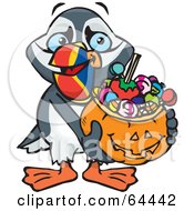 Poster, Art Print Of Trick Or Treating Puffin Holding A Pumpkin Basket Full Of Halloween Candy