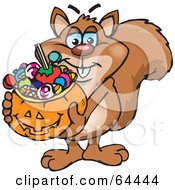 Poster, Art Print Of Trick Or Treating Squirrel Holding A Pumpkin Basket Full Of Halloween Candy
