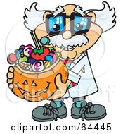 Poster, Art Print Of Trick Or Treating Professor Holding A Pumpkin Basket Full Of Halloween Candy