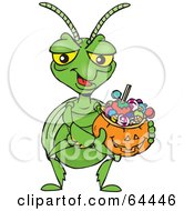 Poster, Art Print Of Trick Or Treating Praying Mantis Holding A Pumpkin Basket Full Of Halloween Candy