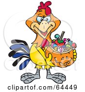 Poster, Art Print Of Trick Or Treating Rooster Holding A Pumpkin Basket Full Of Halloween Candy