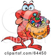 Poster, Art Print Of Trick Or Treating Salamander Holding A Pumpkin Basket Full Of Halloween Candy