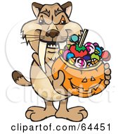 Poster, Art Print Of Trick Or Treating Sabertooth Tiger Holding A Pumpkin Basket Full Of Halloween Candy
