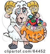 Poster, Art Print Of Trick Or Treating Ram Holding A Pumpkin Basket Full Of Halloween Candy