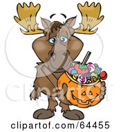 Poster, Art Print Of Trick Or Treating Moose Holding A Pumpkin Basket Full Of Halloween Candy