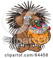 Trick Or Treating Porcupine Holding A Pumpkin Basket Full Of Halloween Candy