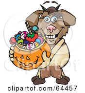 Poster, Art Print Of Trick Or Treating Nanny Goat Holding A Pumpkin Basket Full Of Halloween Candy