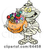 Trick Or Treating Mummy Holding A Pumpkin Basket Full Of Halloween Candy