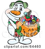 Poster, Art Print Of Trick Or Treating Snowman Holding A Pumpkin Basket Full Of Halloween Candy