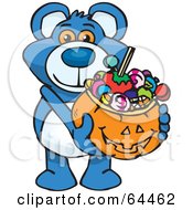 Poster, Art Print Of Trick Or Treating Blue Teddy Bear Holding A Pumpkin Basket Full Of Halloween Candy