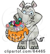 Poster, Art Print Of Trick Or Treating Rhino Holding A Pumpkin Basket Full Of Halloween Candy