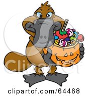 Poster, Art Print Of Trick Or Treating Platypus Holding A Pumpkin Basket Full Of Halloween Candy