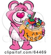 Royalty Free RF Clipart Illustration Of A Trick Or Treating Pink Teddy Bear Holding A Pumpkin Basket Full Of Halloween Candy