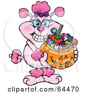 Poster, Art Print Of Trick Or Treating Pink Poodle Holding A Pumpkin Basket Full Of Halloween Candy
