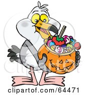 Poster, Art Print Of Trick Or Treating Seagull Holding A Pumpkin Basket Full Of Halloween Candy