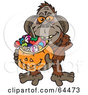 Royalty Free RF Clipart Illustration Of A Trick Or Treating Orangutan Holding A Pumpkin Basket Full Of Halloween Candy by Dennis Holmes Designs