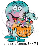 Poster, Art Print Of Trick Or Treating Octopus Holding A Pumpkin Basket Full Of Halloween Candy