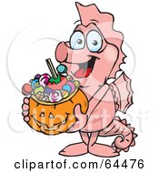 Poster, Art Print Of Trick Or Treating Seahorse Holding A Pumpkin Basket Full Of Halloween Candy