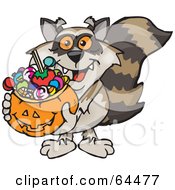 Poster, Art Print Of Trick Or Treating Raccoon Holding A Pumpkin Basket Full Of Halloween Candy