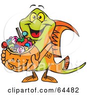 Poster, Art Print Of Trick Or Treating Swordtail Holding A Pumpkin Basket Full Of Halloween Candy