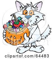 Poster, Art Print Of Trick Or Treating Terrier Holding A Pumpkin Basket Full Of Halloween Candy