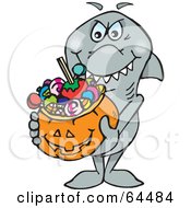 Poster, Art Print Of Trick Or Treating Shark Holding A Pumpkin Basket Full Of Halloween Candy