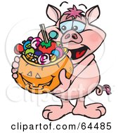 Poster, Art Print Of Trick Or Treating Pig Holding A Pumpkin Basket Full Of Halloween Candy