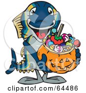 Poster, Art Print Of Trick Or Treating Tuna Holding A Pumpkin Basket Full Of Halloween Candy