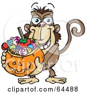 Poster, Art Print Of Trick Or Treating Monkey Holding A Pumpkin Basket Full Of Halloween Candy
