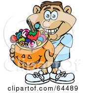 Poster, Art Print Of Trick Or Treating Man Holding A Pumpkin Basket Full Of Halloween Candy - Version 8