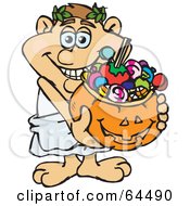 Poster, Art Print Of Trick Or Treating Roman Man Holding A Pumpkin Basket Full Of Halloween Candy