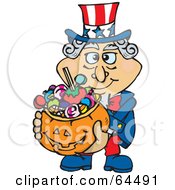 Poster, Art Print Of Trick Or Treating Uncle Sam Holding A Pumpkin Basket Full Of Halloween Candy