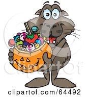 Poster, Art Print Of Trick Or Treating Sea Lion Holding A Pumpkin Basket Full Of Halloween Candy