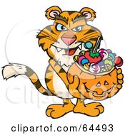 Poster, Art Print Of Trick Or Treating Tiger Holding A Pumpkin Basket Full Of Halloween Candy