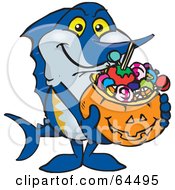 Poster, Art Print Of Trick Or Treating Marlin Holding A Pumpkin Basket Full Of Halloween Candy
