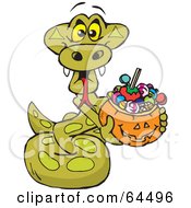 Poster, Art Print Of Trick Or Treating Python Holding A Pumpkin Basket Full Of Halloween Candy