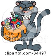 Poster, Art Print Of Trick Or Treating Panther Holding A Pumpkin Basket Full Of Halloween Candy