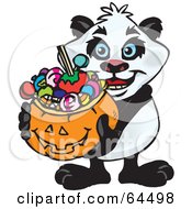 Poster, Art Print Of Trick Or Treating Panda Holding A Pumpkin Basket Full Of Halloween Candy