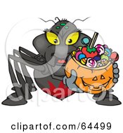 Poster, Art Print Of Trick Or Treating Black Widow Holding A Pumpkin Basket Full Of Halloween Candy