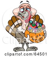 Poster, Art Print Of Trick Or Treating Turkey Holding A Pumpkin Basket Full Of Halloween Candy