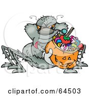 Poster, Art Print Of Trick Or Treating Spider Holding A Pumpkin Basket Full Of Halloween Candy