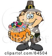 Poster, Art Print Of Trick Or Treating Male Pilgrim Holding A Pumpkin Basket Full Of Halloween Candy