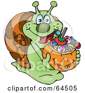 Poster, Art Print Of Trick Or Treating Snail Holding A Pumpkin Basket Full Of Halloween Candy