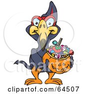 Poster, Art Print Of Trick Or Treating Terradactyl Holding A Pumpkin Basket Full Of Halloween Candy