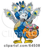 Poster, Art Print Of Trick Or Treating Peacock Holding A Pumpkin Basket Full Of Halloween Candy