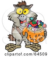 Poster, Art Print Of Trick Or Treating Owl Holding A Pumpkin Basket Full Of Halloween Candy