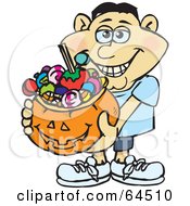 Poster, Art Print Of Trick Or Treating Man Holding A Pumpkin Basket Full Of Halloween Candy - Version 6